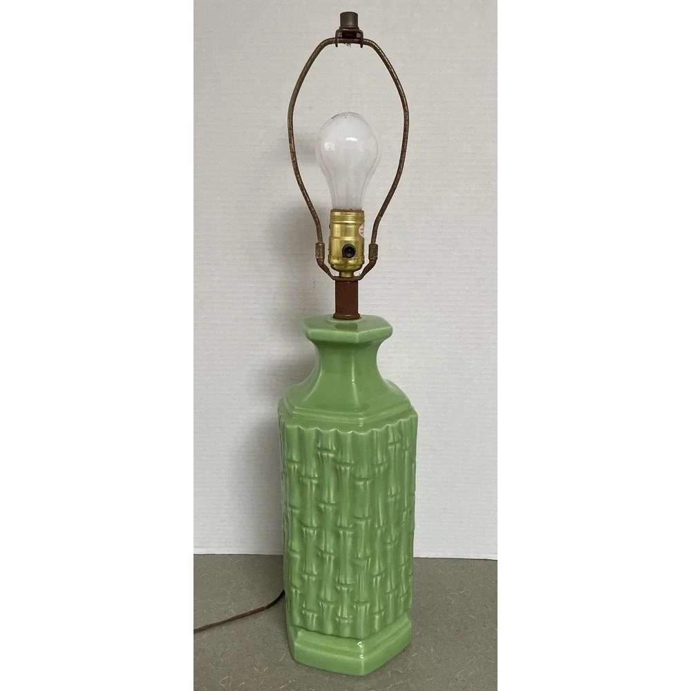 Vtg Green Faux Bamboo Ceramic Lamp 60s MCM Hollywood Regency No Shade